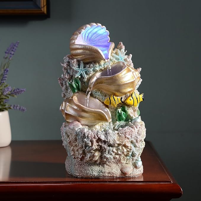 GOSSI Themed Coral Shell Fountain Tabletop Home Décor Indoor Desktop Fountains Perfect for Zen Waterfall Meditation Waterfall Decor Fountain with LED Lights(23037)