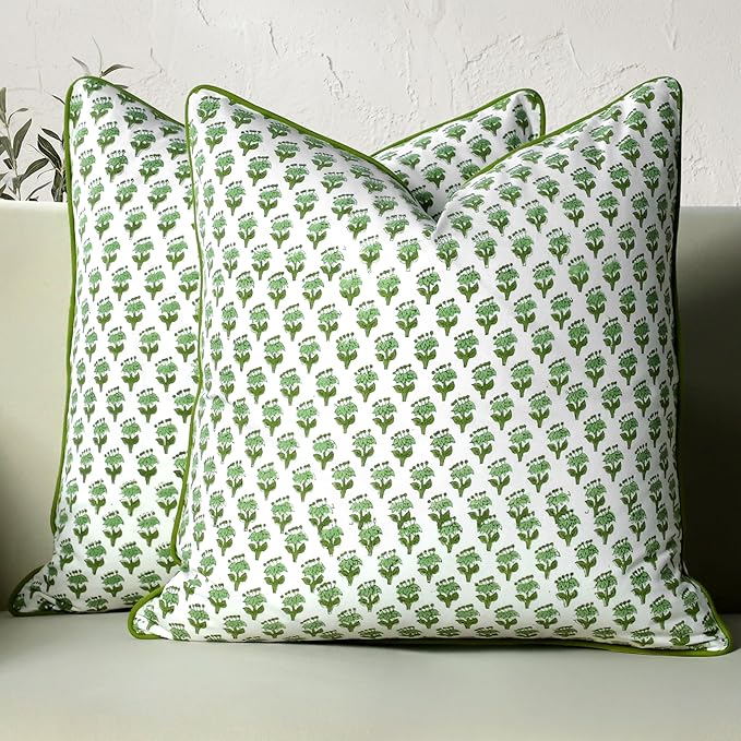 CPC 100% Cotton Throw Pillow Covers 24x24 Inch, Set of 2 Green Block Print Pattern Couch Pillow, Cute Boho Decorative Pillows for Living Room, Bedroom with Hidden Zipper- Emerald Green
