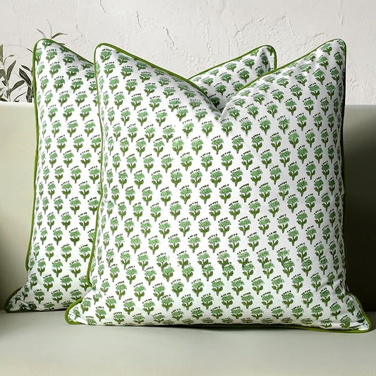 CPC 100% Cotton Throw Pillow Covers 24x24 Inch, Set of 2 Green Block Print Pattern Couch Pillow, Cute Boho Decorative Pillows for Living Room, Bedroom with Hidden Zipper- Emerald Green