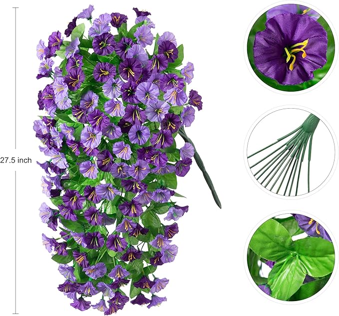 INXUGAO Artificial Fake Hanging Flowers Plants for Outdoor Decoration, 2PCS Faux Silk Morning Glory Long Vines Stems UV Resistant Look Real for Spring Summer Outside Home Porch Patio, Purple