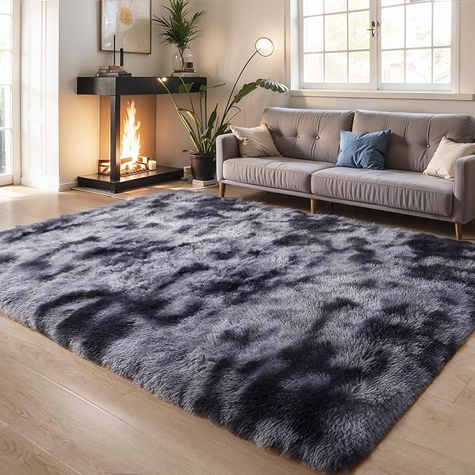 KICHOWUA Thick Area Rug Dark Grey Fluffy Shag 3x5 for Bedroom, Soft Plush Fuzzy Washable Carpet for Living Room, Non Slip Furry Floor Shaggy Rug for Kids Baby Nursery College Dorm, Tie-Dye Dark Gray