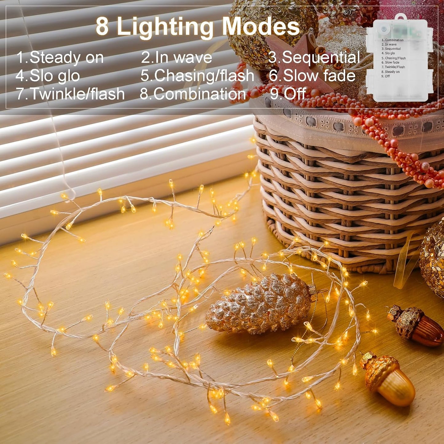 2 Pack Cluster Fairy Lights Battery Operated, Total 20Ft 400 LED Christmas String Lights with Timer 8 Modes Silver Wire Firecracker Fairy Lights for Garlands Tree Wedding Decoration (Warm White)