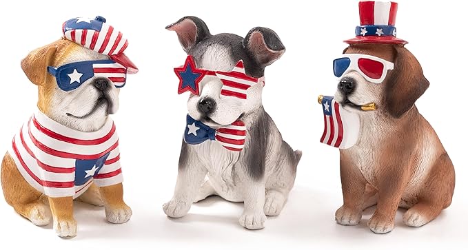 Valery Madelyn 4th of July Puppy Decorations, Memorial Day Decor for Home, Large 3Pcs Patriotic USA 250th Anniversary Decorations, Stars and Stripes Dogs Figurine for Independence Day Labor Day