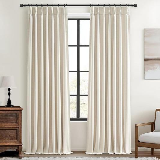 Extra Long Pleated Black Out Curtains 108 Inches Long for Living Room, Boho Cream Natural Linen Blend Patio Door Curtain with Track Back Tab 2 Panels Set Insulated Privacy Window Drapes 9 FT Length