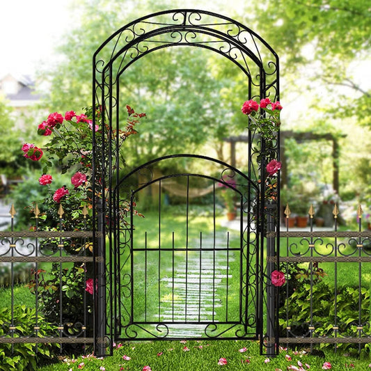 Steel Garden Arch with Gate, Garden Arbor for Various Climbing Plant, Metal Archway Trellis Pergola for Outdoor Garden Lawn Backyard Easy-to-Assemble Stereoscopic Garden Decorations