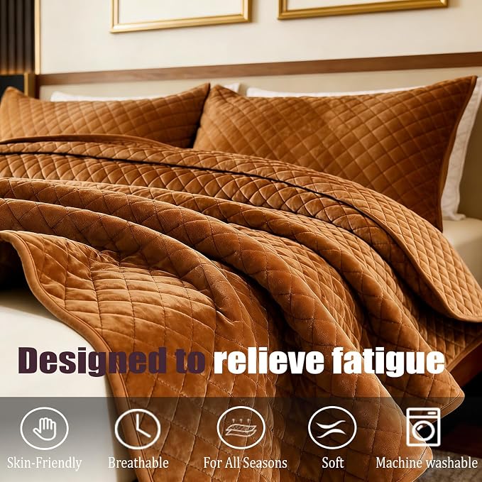 Velvet California King Quilt Size Set 106x118 Luxury Soft Bedspread Coverlet 3-Piece King Comforter Sets with 2 Pillow Shams 20x36 Super Cozy for All Seasons Velvet Bedding Set, Caramel