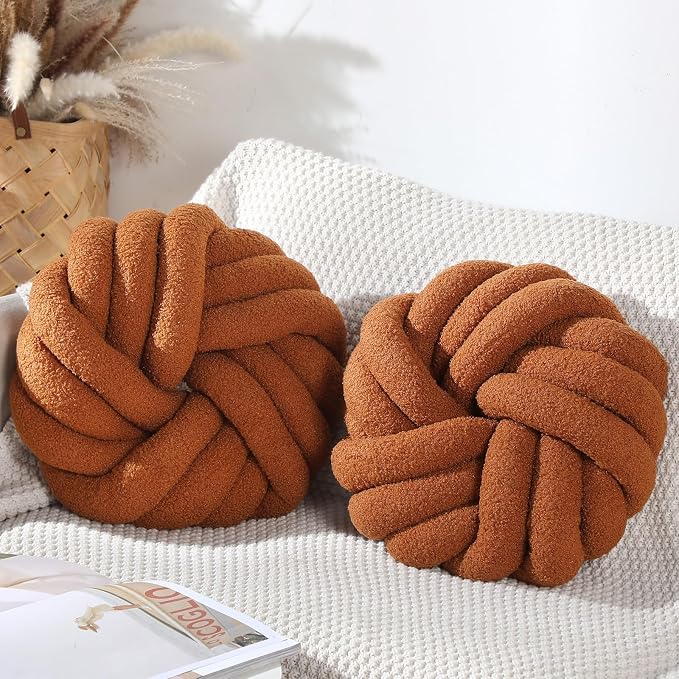 Marsui 2 Pieces Knot Ball Pillows 14 x 14 Inch Decorative Pillow for Couch Bedroom Plush Throw Knot Pillow Soft Handmade Chair Cushion for Living Room Car Decorations (Caramel)