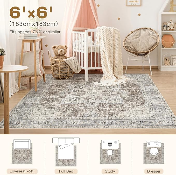 Tortania 6' Square Area Rug Living Room Rugs - Washable Boho Rug Vintage Oriental Distressed Farmhouse Large Thin Indoor Carpet for Bedroom Under Dining Table Home Office - Brown Blue