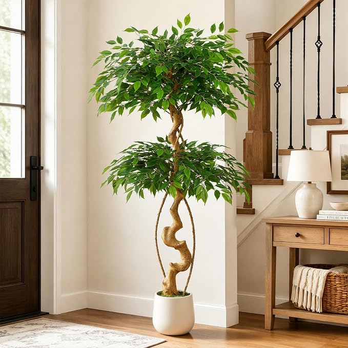 5FT Artificial Ficus Tree, 60in Fake Silk Tree with Natural Curved Trunk & 1488 Lush Leaves, Floor Faux Plant with White Pot, Low Maintenance Decor for Home, Office, Patio