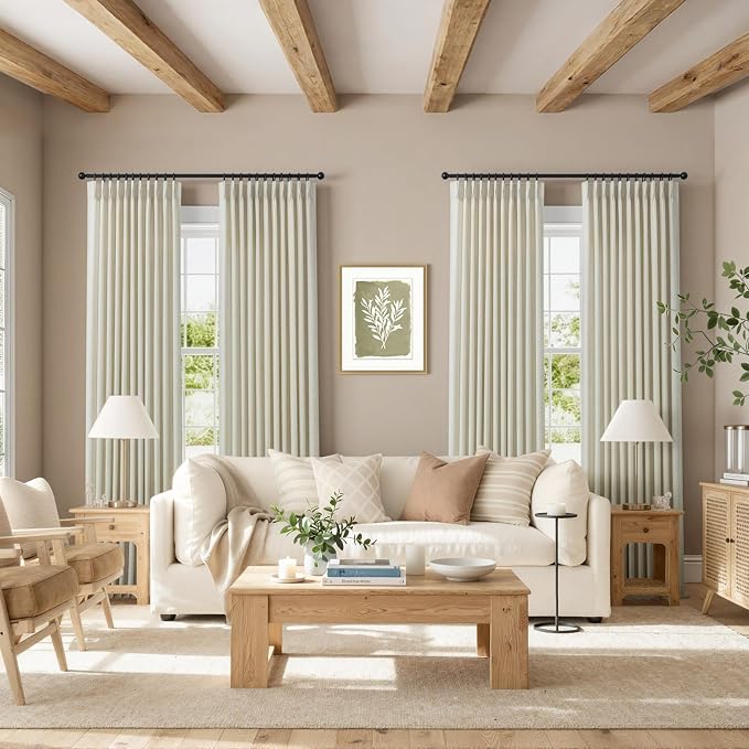 Pinch Pleated Long Curtains 104 Inch Length 2 Panels Set Back Tab Beige Linen Drapes for Living Room Neutral Farmhouse Light Filtering Semi Sheer Linen 104 Inch Curtains for Large 105 Inch Window Tan