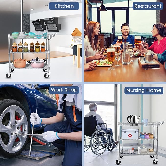 WDT Heavy Duty 3 Tier Utility Cart,Wire Rolling Carts with Wheels, Commercial Grade Service Cart with Shelving Liners and Handle Bar Metal Carts for Kitchen Office Hardware