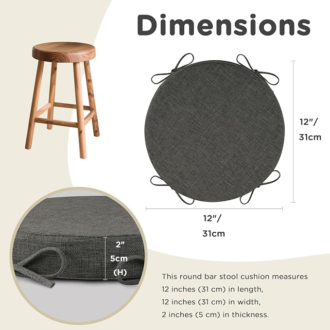 AddGrace Round Bar Stool Cushions with Ties Set of 2 Non Slip Seat Cushions 12x12 Inch Washable Chair Pads Removable Washable Cover Dark Grey