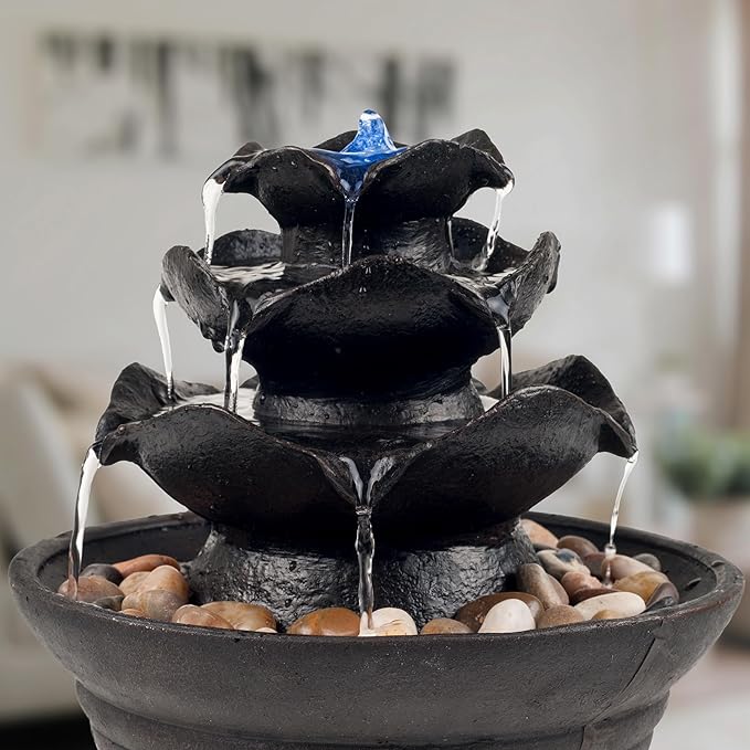 Indoor Fountain with LED Lights – Cascading 3-Tier Lighted Tabletop Water Feature with Soothing Sound – Zen Décor for Home or Office by Pure Garden