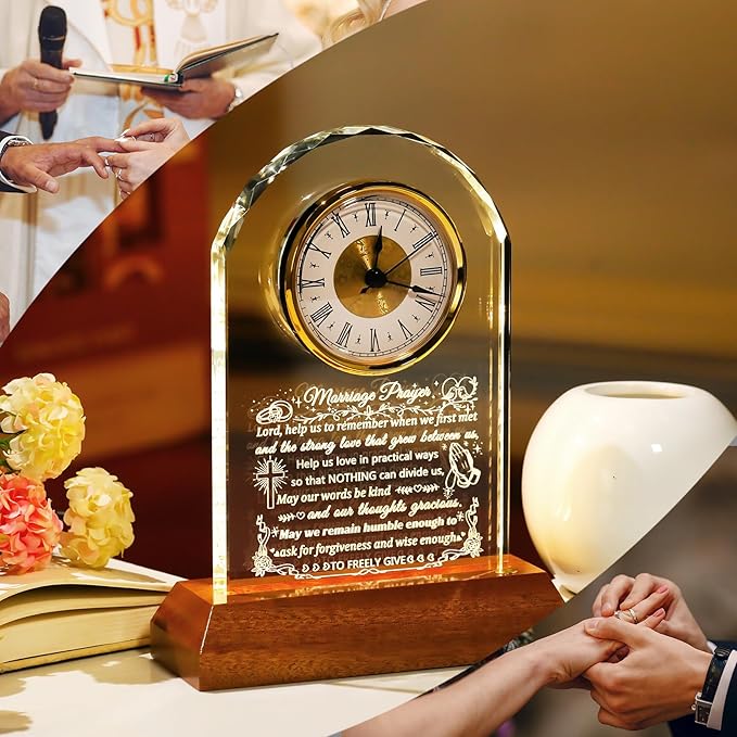 Ornalrist Wedding Gifts for Couples 2026 - Glass Clock with Wooden Light Base Happy Anniversary Marriage Prayer Wedding Gifts for Bride and Groom Engagement Newlywed Mr Mrs Gifts