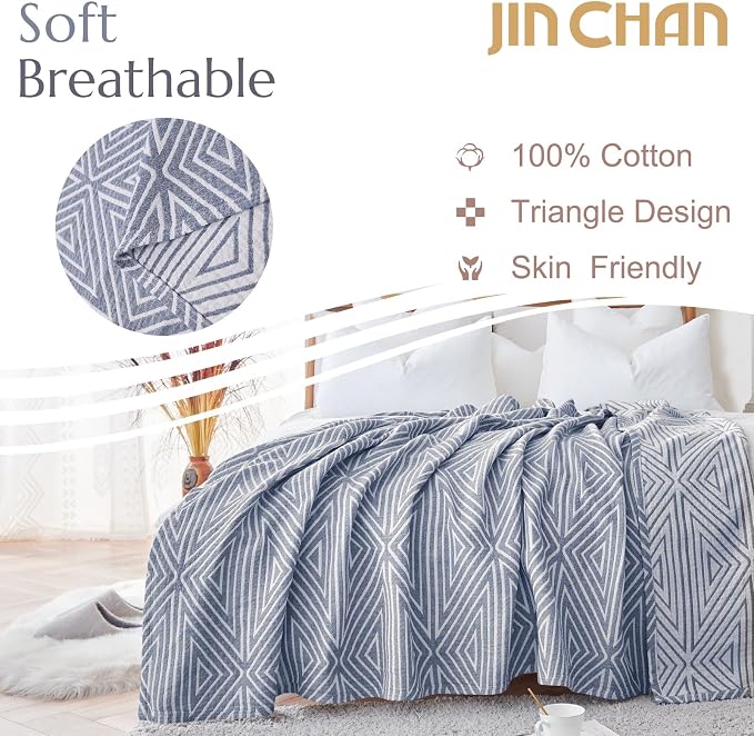 jinchan Boho 100% Cotton Blanket Muslin Twin Size 60x80 Inches Lightweight 3-Layer Geometric Cross Pattern Reversible Quilt Coverlet Throw Soft Breathable Comfy All Seasons for Couch Bed Decor, Blue