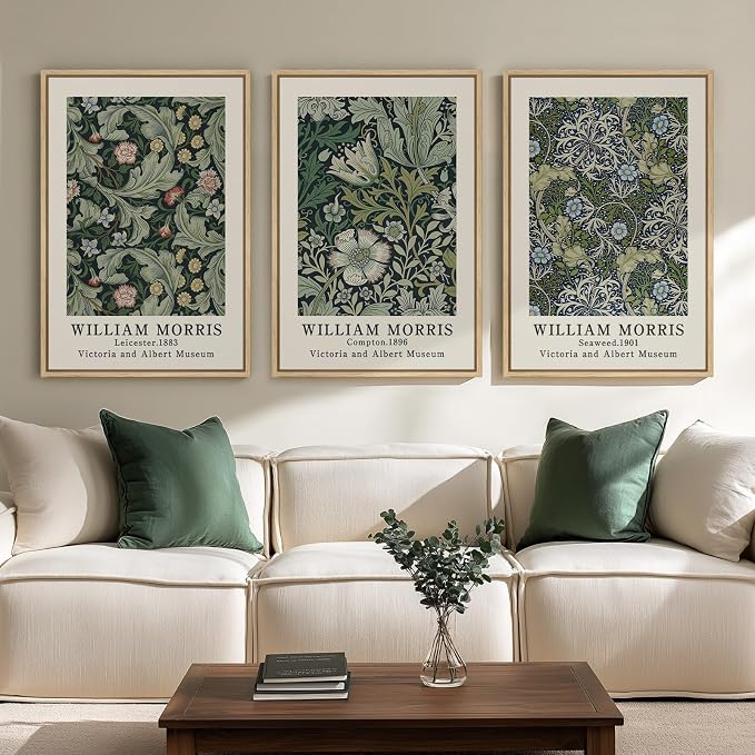 Large Framed William Morris Green Wall Art, 3 Piece Vintage Floral Canvas Prints, Retro Botanical Wall Decor for Living Room Bedroom Hallway Office, 24x36 Inch
