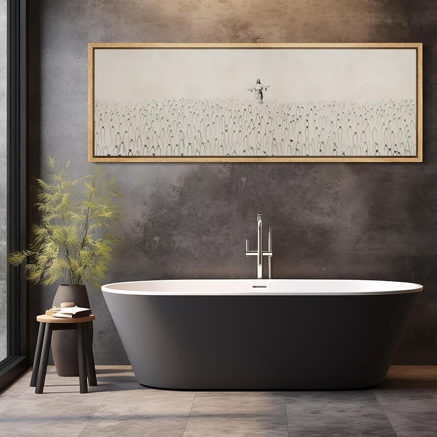 MUDECOR Large Framed Canvas Print Wall Art Jesus Among The People Monochrome Religious Illustrations Decorative Colorful Multicolor for Bedroom - 60"x20"