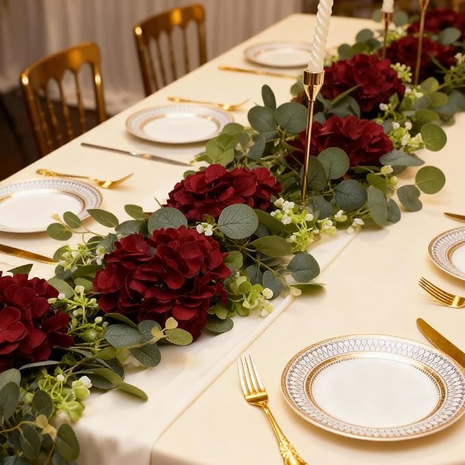 AVIVIHO 65Pcs Fake Flowers Burgundy Hydrangea Artificial Flowers Bulk (Not Squished, No Steaming Need) Silk Flowers with Stems for Wedding Decor,Home,Baby Shower,Table Centerpieces Decoration