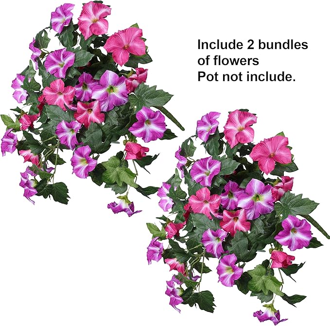 HyeFlora Artificial Flowers for Outdoors 2PCS Faux Petunias Silk Fake Flowers for Outside Planter UV Resistant Realistic Home Garden Porch Decor (Fuchsia)