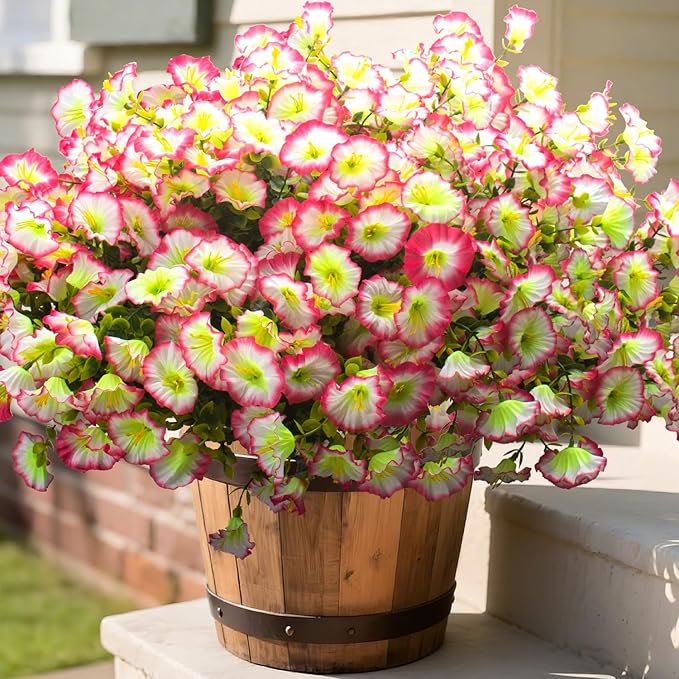 Grunyia Artificial Morning Glory Flowers - UV Resistant Pink Faux Silk Plastic Fake Flower Bundles for Outdoor Indoor Porch Patio Planter Window Box Garden Home Decor