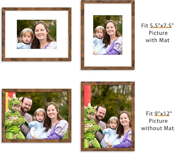 Picrit 9x12 Picture Frame Set of 12, Display 6x8 with Mat or 9x12 without Mat, Photo Frames for Wall Mounting or Table Top Display, Brown