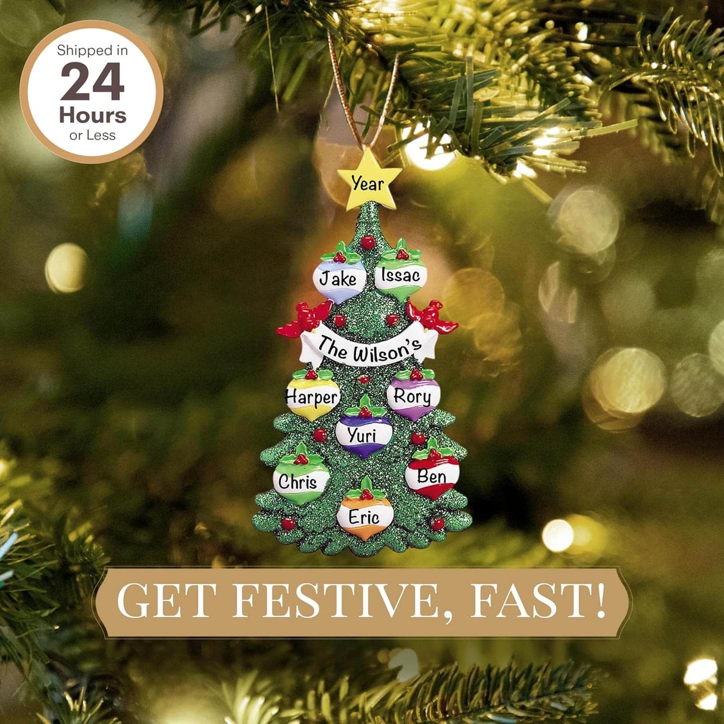 Personalized Large Family of 8 Ornament 2025 | Free 24h Customization | Christmas Ornaments for Tree | Custom Gift Wrapped Green Glitter Keepsake for Eight Persons