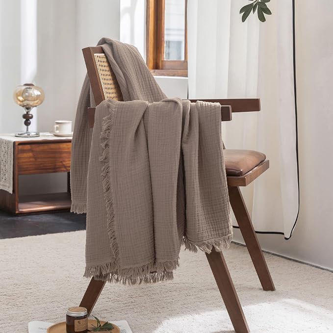 FOSSA Muslin Blanket 4-Layer 100% Cotton Gauze Blanket with Fringe 50"x70" | Super Soft Breathable Lightweight All Season & Decorative Blanket or Bed, Sofa, Office (Pale Brown,Throw XL)