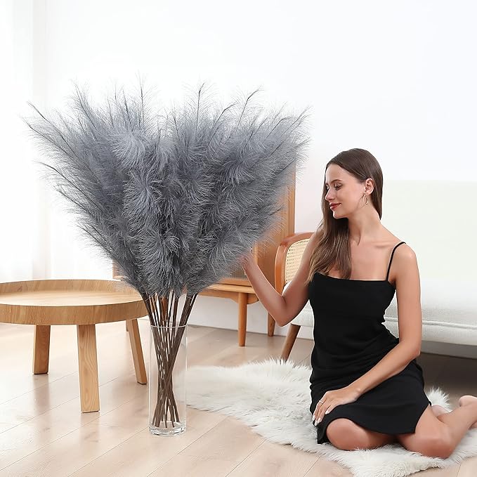 Wertuirk 8 Pcs 45 inch Tall Faux Pampas Grass Decor, Large Artificial Grey Pompous Grass Bulk, Long Fake Pompas for Floor Vase Filler, Wedding, Baby Shower, Home and Boho Decor (Grey)