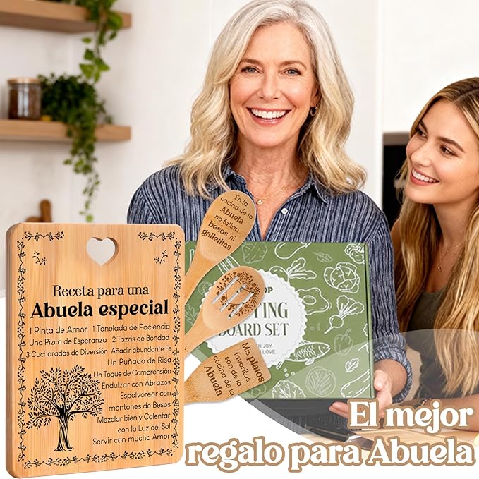 Regalos de cumpleaños para Abuela - "Receta para una Abuela especial". Juego de tablas de cortar y utensilios de bambú grabados. Regalos de cumpleaños para Abuela. Spanish Grandma Cutting Board
