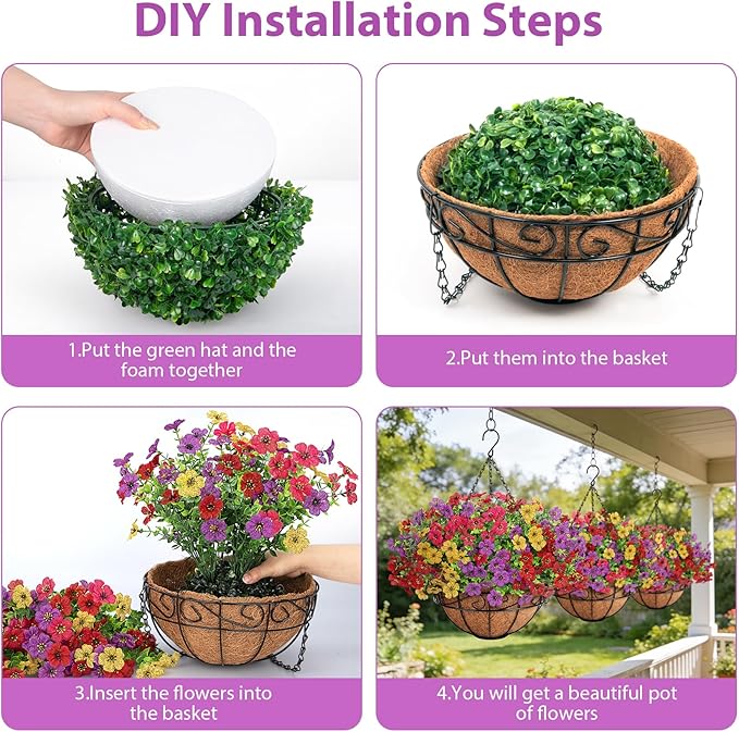 Artificial Fake Hanging Flowers Plants Basket Outdoors, Faux Silk UV Resistant Look Real Daisy Eucalyptus for Spring Summer Garden Porch Home Patio Balcony Yard Decorations, Multicolor