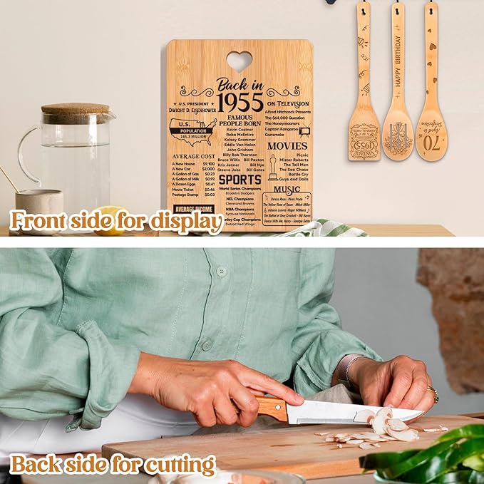 70th Birthday Gifts for Women - "Back in 1955" 70th Birthday Gifts for Men Cutting Board, Bamboo-Made Engraved "Year 1955 News" 70th Birthday Gifts
