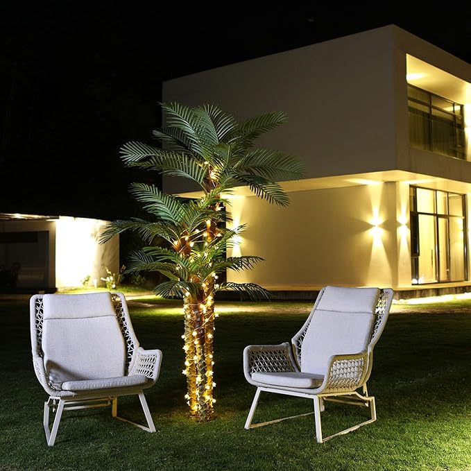 SOGUYI Artificial Palm Tree for Outdoor 8ft Tall UV Resistant Fake Tropical Golden Cane Palm Tree Large Faux Palm Plants for Outside Patio, Poolside, Lawn, Porch and Home Office Indoor Decor, Set of 1