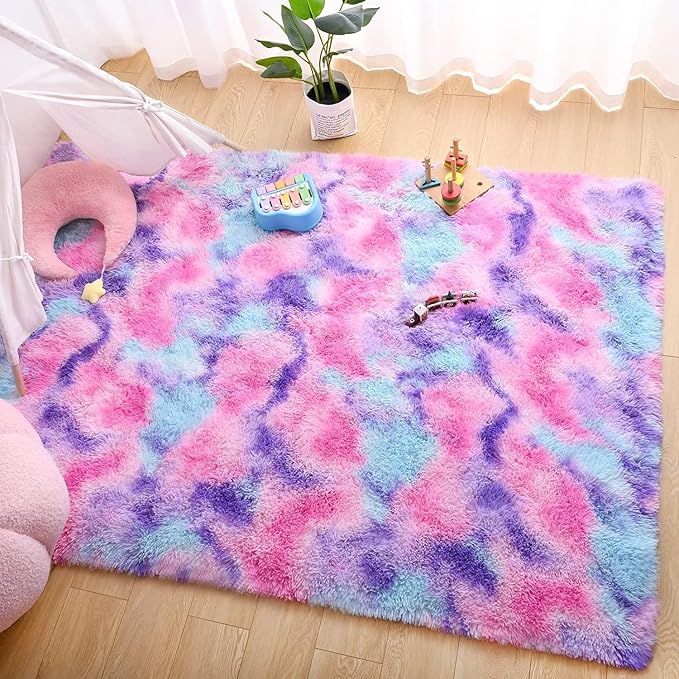 AROGAN 8x10 Feet Soft Rainbow Area Rugs for Kids Girls Room, Fluffy Cute Colorful Princess Carpet for Kids Teens Nursery Toddler,Bedroom, Hot Pink