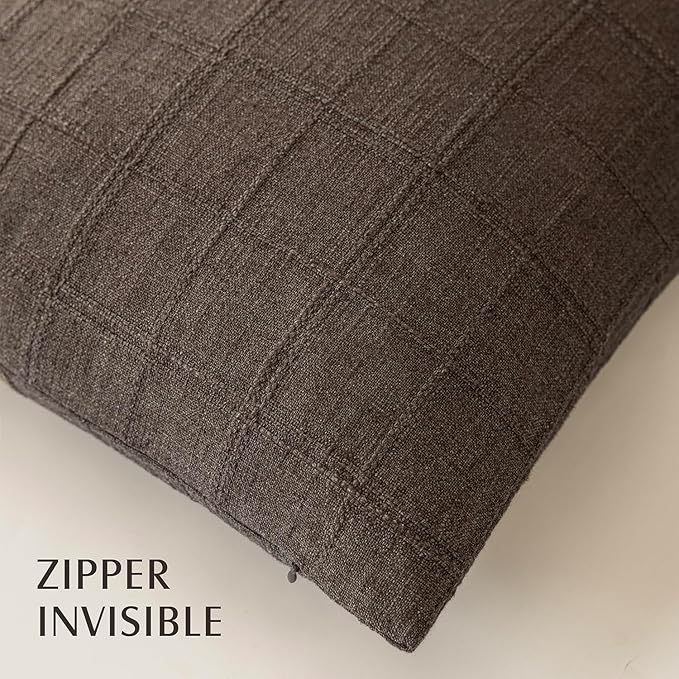 Foindtower Set of 2 Decorative Linen Check Throw Pillow Covers Neutral Farmhouse Vintage Cushion Covers Modern Boho Home Decor for Sofa Chair Couch Bedroom Living Room,16×16 Inch,Dark Brown