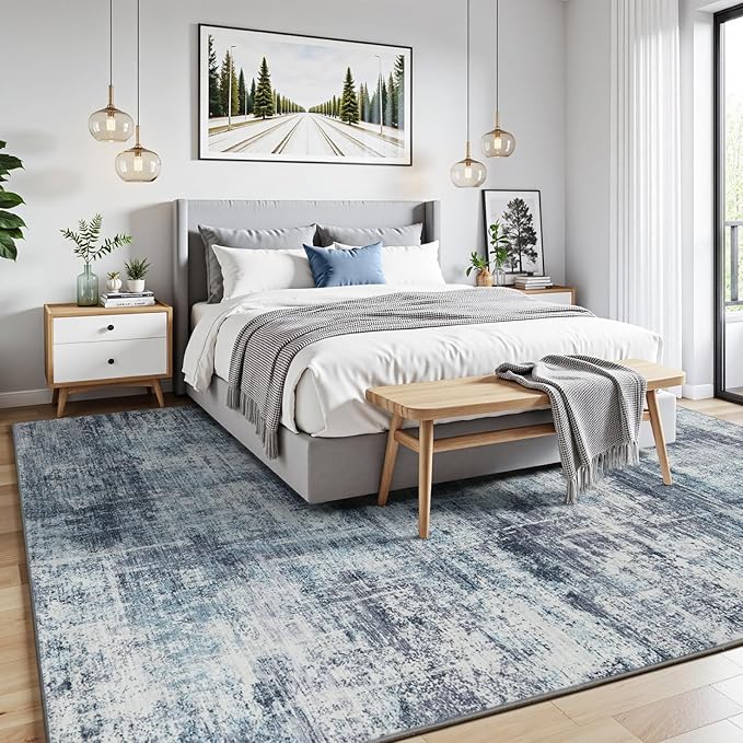 Lofus 9x12 Area Rug for Living Room, Blue Abstract Large Rugs with Non-Slip Backing, Neutral Modern Washable Carpet for Bedroom Dining Room Home Office Nursery Indoor