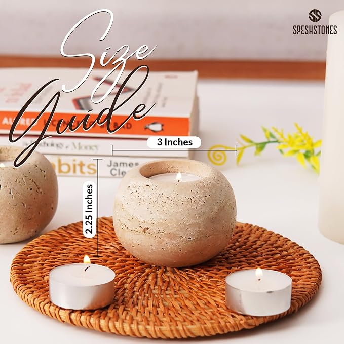 Marble Tealight Candle Holders 3 Inch Travertine Votive Candles Holder for Dining Table Centerpiece Decor - Small Tea Lights Set of 2 for Gifts for her