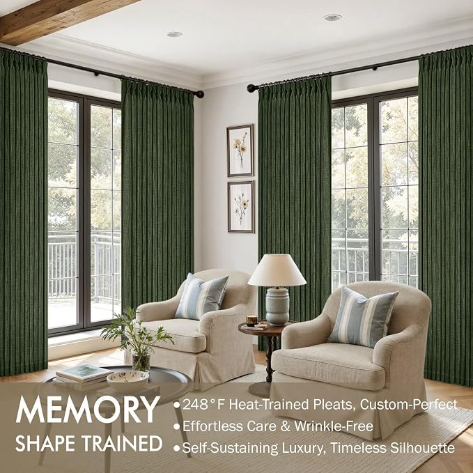 MIULEE Pinch Pleated Thick Linen Curtains 90 Inches Long 2 Panels for Living Room Bedroom, Linen Textured Memory Trained Pleat Drapes Back Tab Light Filtering Loden Window Curtains with Hooks