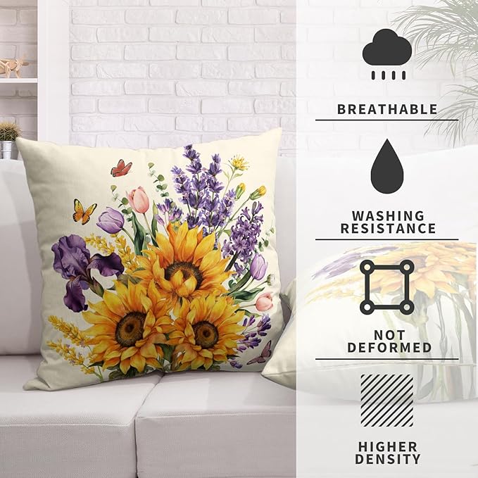 Sunflower Butterfly Throw Pillow Covers Tulip Iris Lavender Throw Pillow Covers Spring Summer Rustic Flower Pillow Cases 24x24 Rustic Floral Cushion Cases for Home Couch 2Pcs