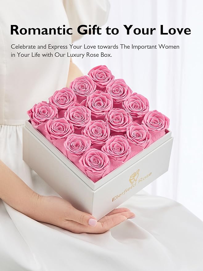 Eterfield Forever Flowers Preserved Roses Real Roses that Last Over a Year Rose Box Gifts for Her Mothers Day Valentines Day Christmas (Square White Box, 16 Pink Roses)