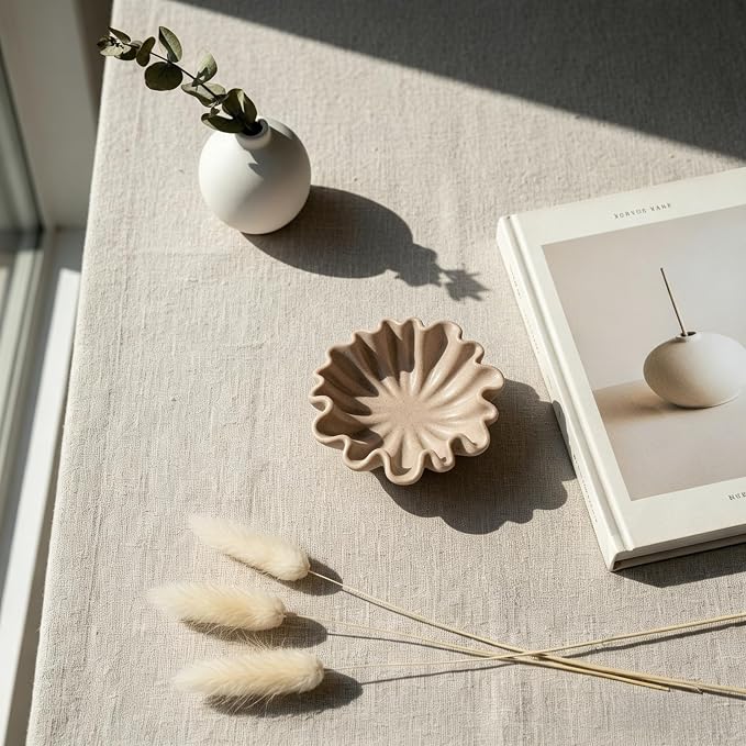 6" Small Handmade Decorative Bowl decor , Handicraft Scalloped Bowls for Modern Home Decor,Ruffle Decor,Key Bowl for Entry Table,Decorative Fruit Bowl for Kitchen Counter,Artificial Stone Beige