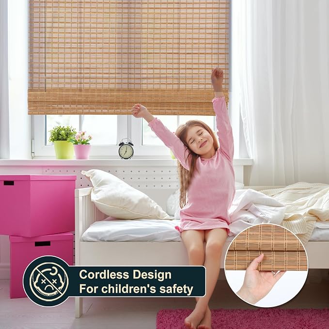 Cordless Wood Window Blinds, Bamboo Sheer Light Filtering Woven Roman Shades, Tiger Wood, 34.5" W X 48" H