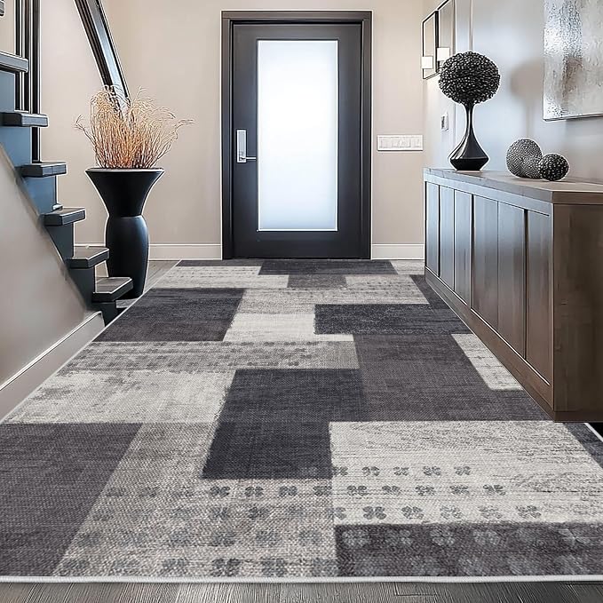 Modern Geometric Patchwork Indoor Area Rug for Living Room, Charcoal 10'x 14' Large Rug Rockwood Collection Hardwood Floors Decor for Bedroom, Grey Throw Carpet for Office Entryway Dining Room