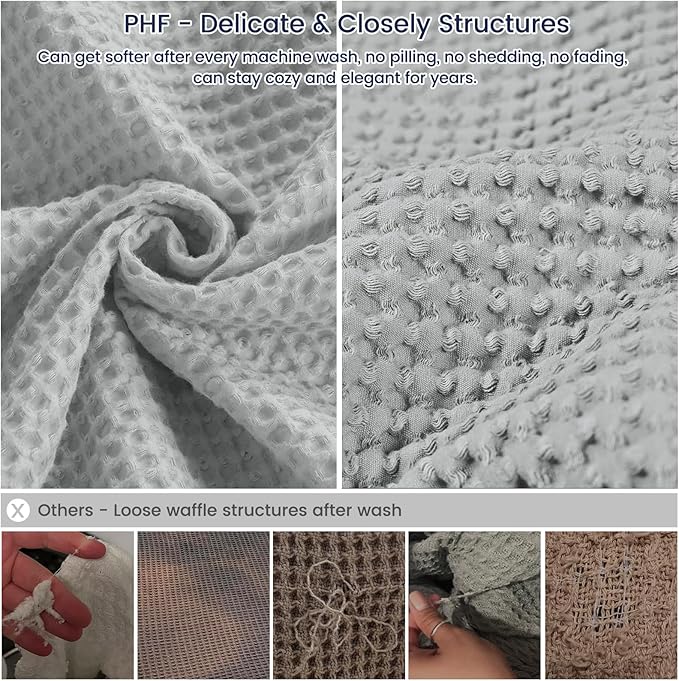 PHF Pre-Washed 100% Cotton Waffle Weave Throw Blanket for Couch, Lightweight Breathable Bed Blanket for Spring Summer, Snag Proof Machine Washable, Home Decor Gift - Light Grey