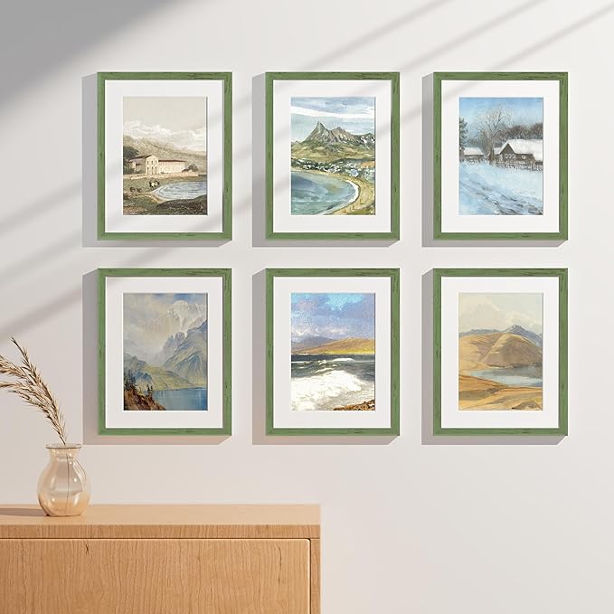 Vittanly 11x14 Picture Frames Set of 9, Shatter Resistant Plexiglass, Display 8x10 Pictures with Mat or 11x14 without Mat, Photo Frames for Wall or Tabletop, Engineered Wood, Rustic Green