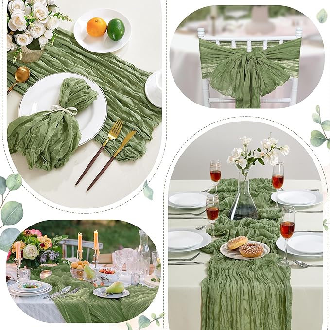 6 Pack Sage Green Cheesecloth Table Runner 10FT Long Easter Spring Boho Gauze Table Runner Rustic Sheer Runner for Spring Wedding Bridal Baby Shower Birthday Party Table Decor Easter Decorations