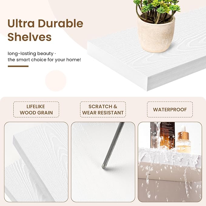 24in Floating Shelves for Wall, 24"W x 9.25"D x 1.25"H, 2 Pack Long Wall Mounted Engineered Wood Shelves with Invisible Brackets for Living Room, Bedroom, Bathroom, Kitchen Decor and Storage, White