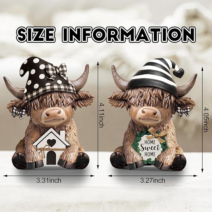 Wesiti 2 Pcs Highland Cow Home Decor Figurines Resin Farmhouse Ornament Set, Cute Cow Statues with House Home Sweet Sign, Rustic Tiered Tray Table Decor Gifts for Garden Kitchen Office