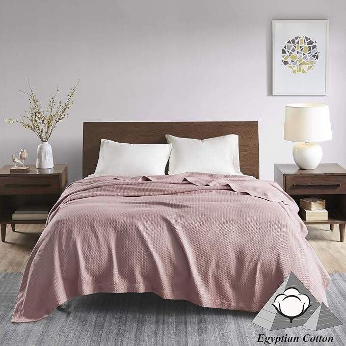Madison Park 100% Egyptian Cotton Lightweight Summer Blanket, Breathable Waffle Knit Design, Soft Cozy All-Season Throw for Bed, Couch or Sofa, Rose Pink Twin Size (66"x90")
