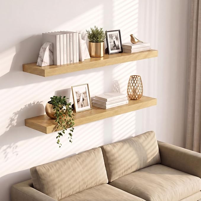 Vivelove Wall Floating Shelves for Display with Invisible Brackets, 24 inch Floating Shelves for Bedroom Bathroom Living Room Kitchen Office, 24”X 8" X 1.4", Set of 2 - Oak