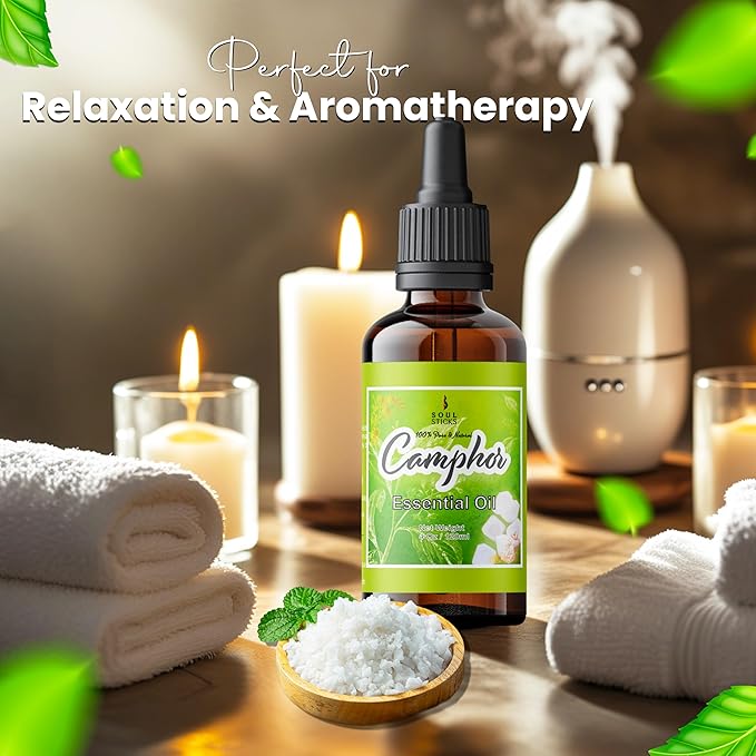 SOUL STICKS Natural Camphor Essential Oil 4 Fl Oz (120ml) 100% Natural Camphor Oil with Glass Dropper for Aromatherapy, Puja, Massage, Skin Care